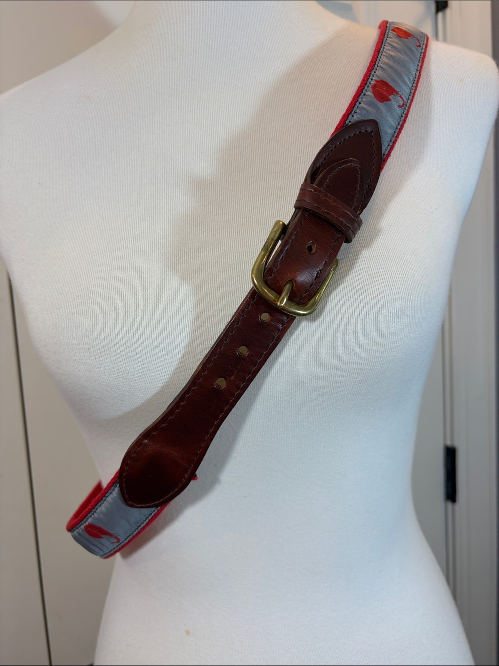 Alabama Brown Leather ribbon Belt with Red and Gray Accents